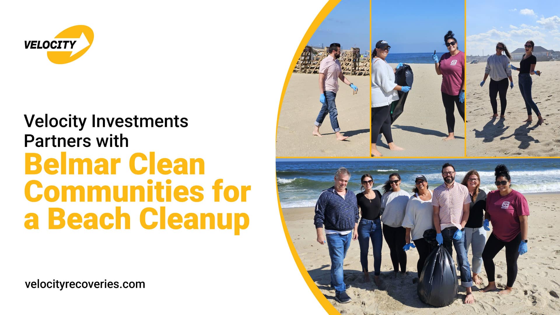 Velocity Investments employees volunteering at Belmar Beach during a cleanup event with Belmar Clean Communities, collecting litter and helping preserve the coastline.